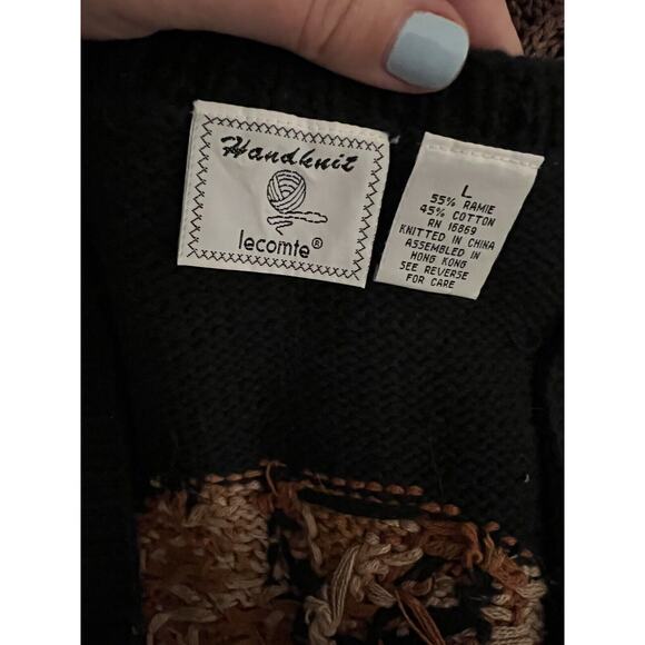 VTG Le Comte Hand Knit Zoo Safari Vet Elephant Lion Giraffe Black Sweater Vest L - Picture 3 of 3